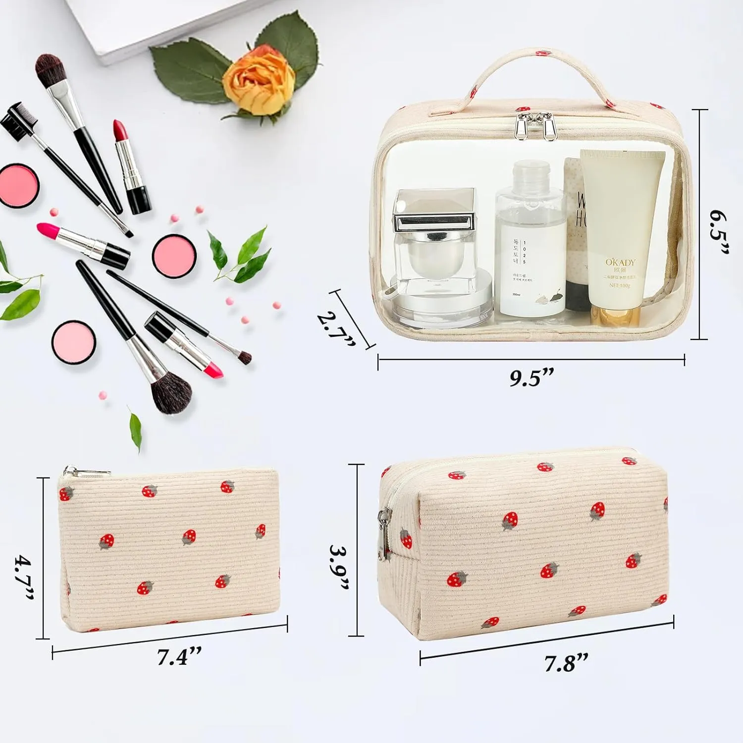 Bluboon 3Pcs Makeup Toiletry Bag for Women, Clear Packing Cubes Cosmetic Bag for Travel Women With Zipper Travel Essentials (Corduroy strawberries 2)