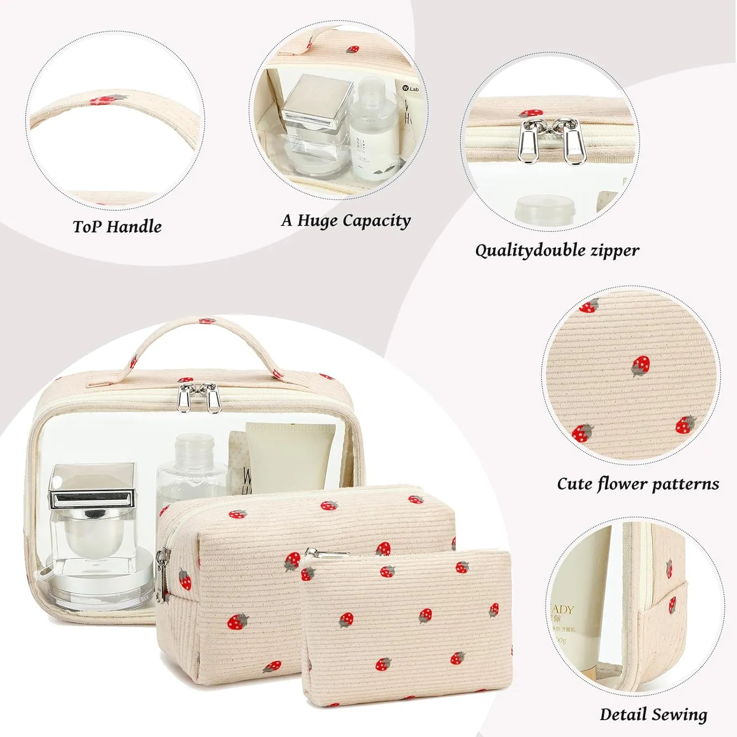Bluboon 3Pcs Makeup Toiletry Bag for Women, Clear Packing Cubes Cosmetic Bag for Travel Women With Zipper Travel Essentials (Corduroy strawberries 2)