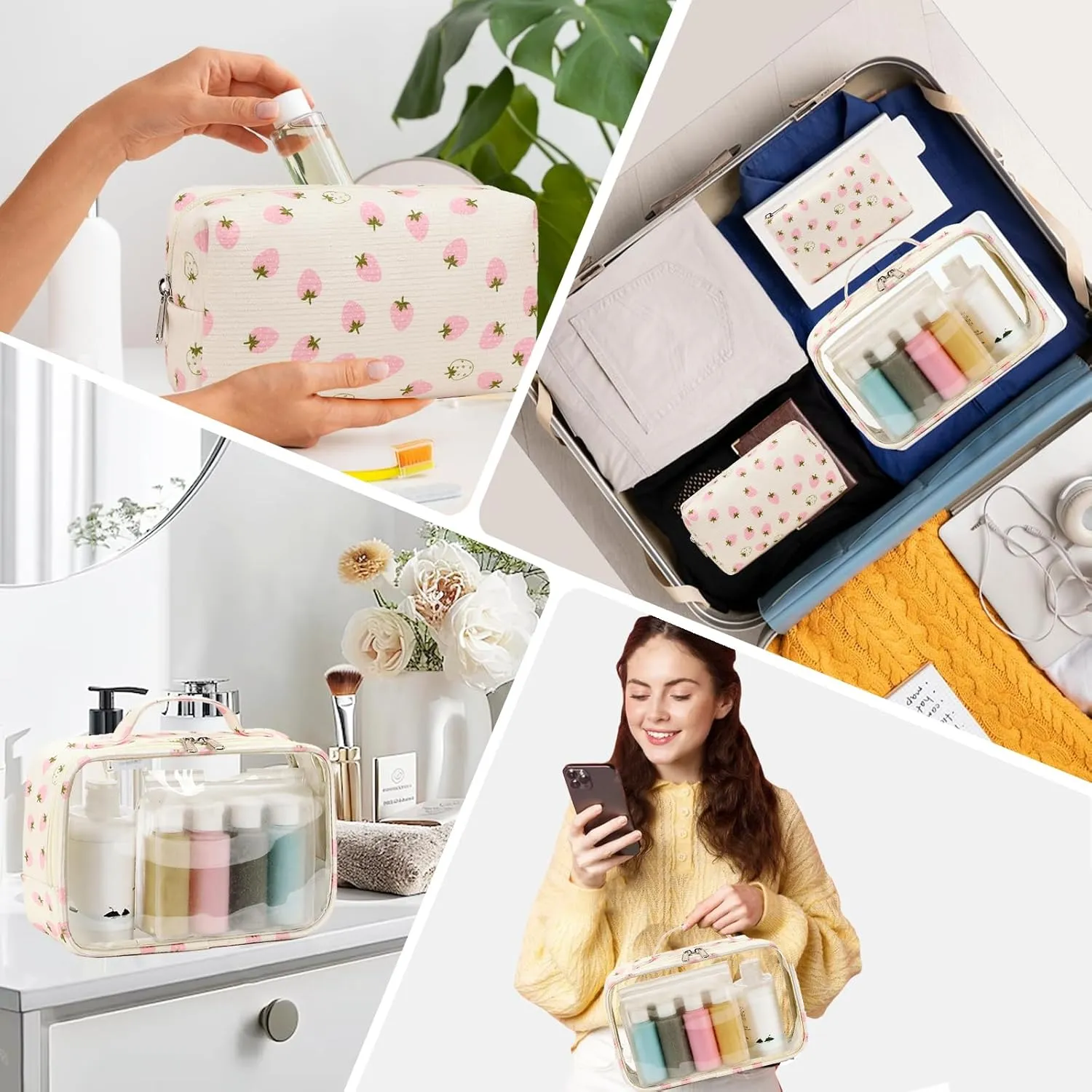 Bluboon 3Pcs Makeup Toiletry Bag for Women, Clear Packing Cubes Cosmetic Bag for Travel Women With Zipper Travel Essentials (Corduroy White Pink Strawberry)