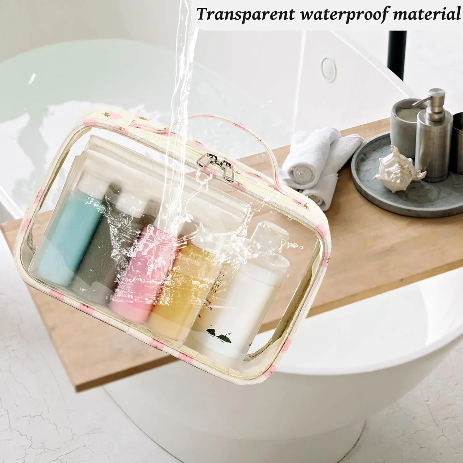 Bluboon 3Pcs Makeup Toiletry Bag for Women, Clear Packing Cubes Cosmetic Bag for Travel Women With Zipper Travel Essentials (Corduroy White Pink Strawberry)