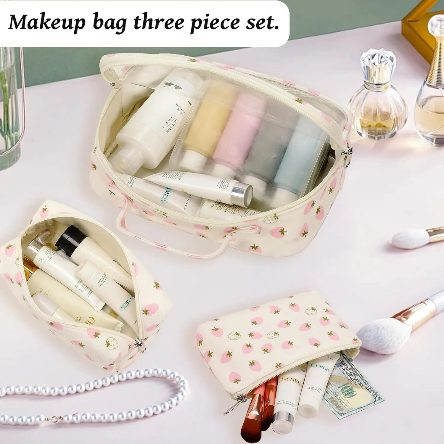 Bluboon 3Pcs Makeup Toiletry Bag for Women, Clear Packing Cubes Cosmetic Bag for Travel Women With Zipper Travel Essentials (Corduroy White Pink Strawberry)