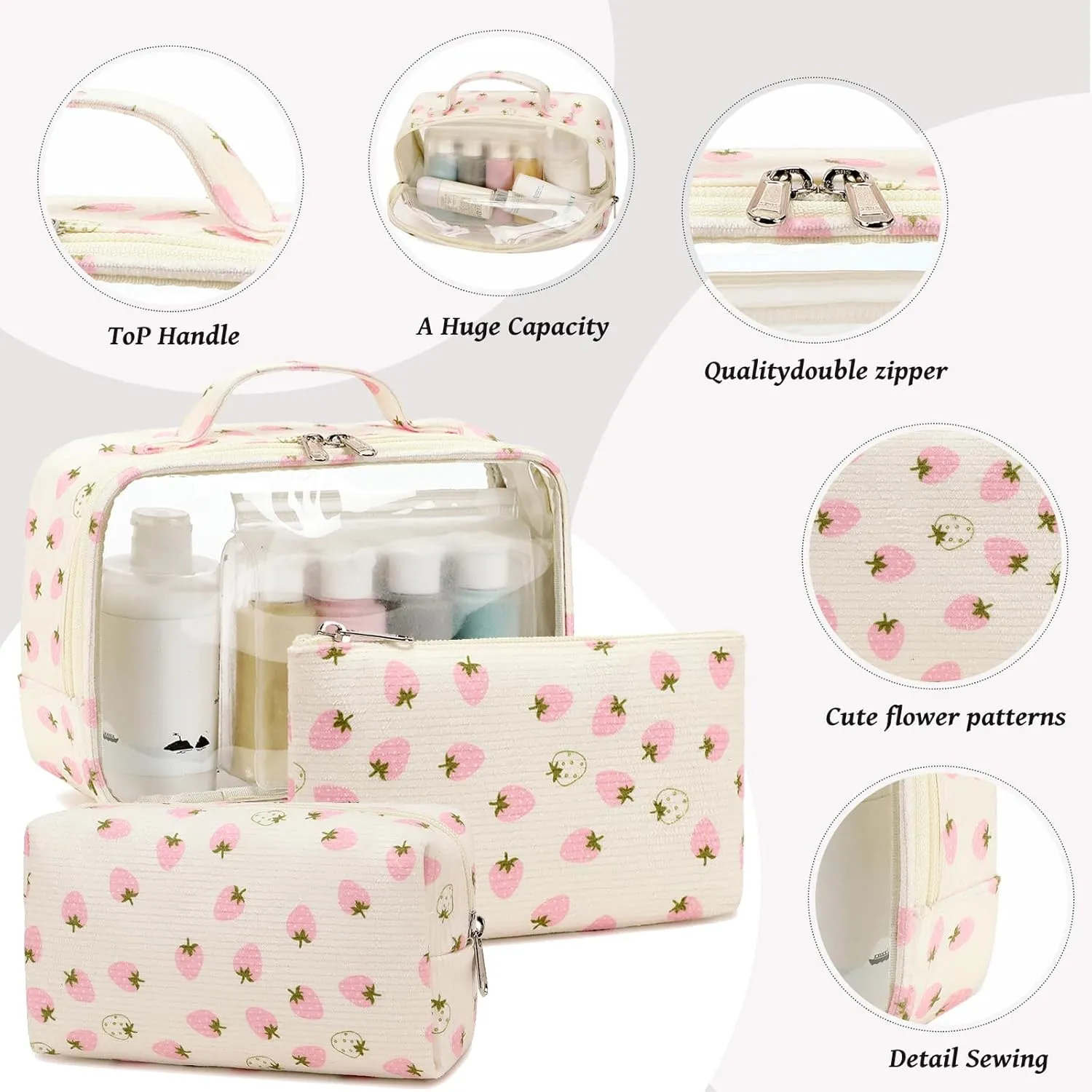 Bluboon 3Pcs Makeup Toiletry Bag for Women, Clear Packing Cubes Cosmetic Bag for Travel Women With Zipper Travel Essentials (Corduroy White Pink Strawberry)
