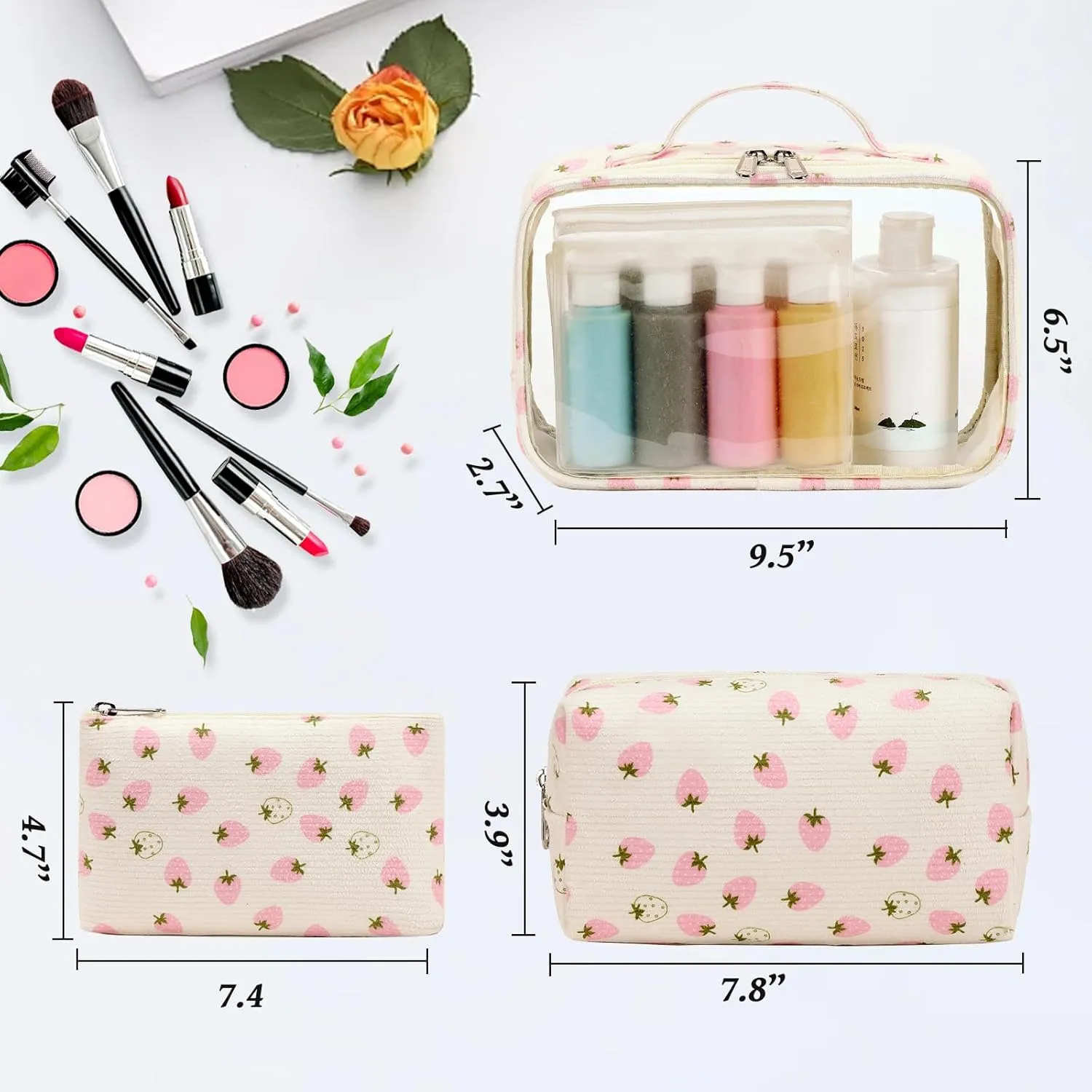 Bluboon 3Pcs Makeup Toiletry Bag for Women, Clear Packing Cubes Cosmetic Bag for Travel Women With Zipper Travel Essentials (Corduroy White Pink Strawberry)