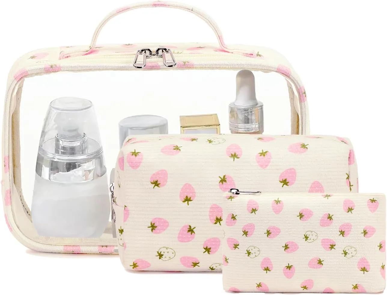 Bluboon 3Pcs Makeup Toiletry Bag for Women, Clear Packing Cubes Cosmetic Bag for Travel Women With Zipper Travel Essentials (Corduroy White Pink Strawberry)