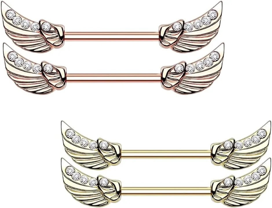 BodyJewelryOnline 316L Surgical Steel PVD Plated 14G Women Nipple Rings Shield Lined CZ Angel Wings Nipple Barbells Bars Piercing Jewelry 12mm 1/2 Inch