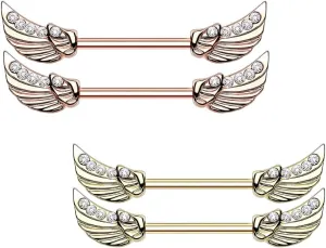 BodyJewelryOnline 316L Surgical Steel PVD Plated 14G Women Nipple Rings Shield Lined CZ Angel Wings Nipple Barbells Bars Piercing Jewelry 12mm 1/2 Inch