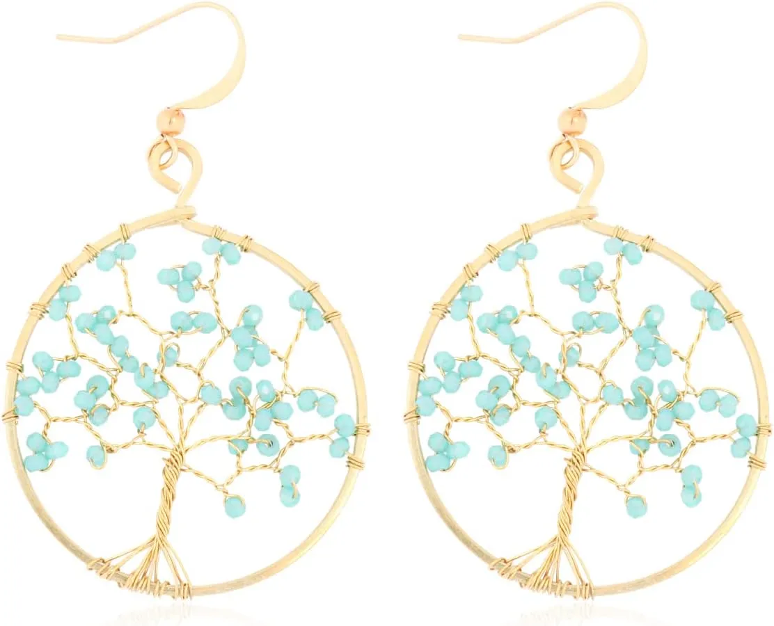 Bohemian Beaded Statement Earrings - Lightweight Sparkly Crystal Round Dangle Drop, Multi Color Rainbow Circle Hoops
