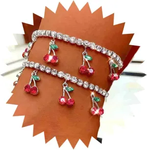 Bohemian Cherry Anklets Cubic Rhinestone Dangle Ankle Bracelets Silver Tassel Fruit Anklet Sparkle Tennis Chain Anklets Foot Jewelry for Women