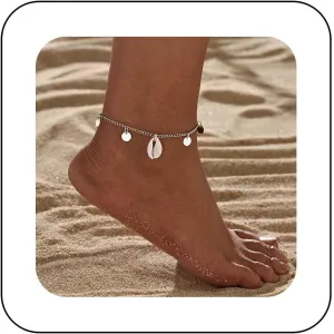 Bohemian Cowrie Shell Ankle Bracelet Silver Disc Ankle Chain Bracelet Coin Shell Beach Anklet Chain Seashell Foot Chain Anklet Summer Beach Foot Chain Jewelry for Women Gifts