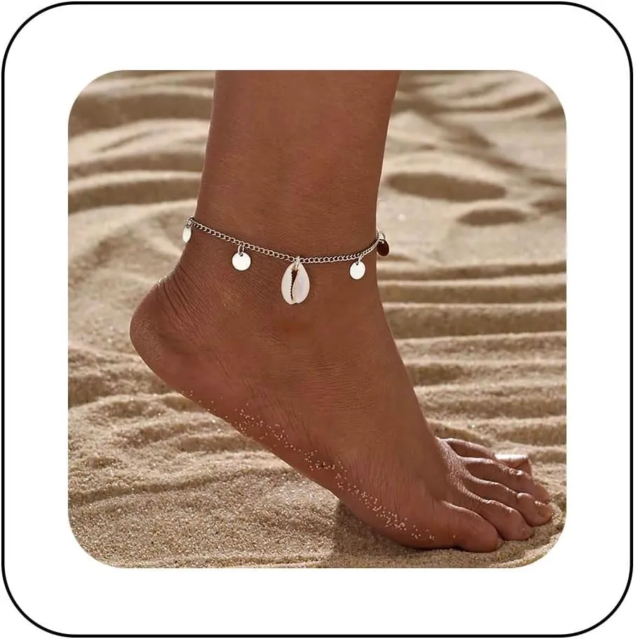 Bohemian Cowrie Shell Ankle Bracelet Silver Disc Ankle Chain Bracelet Coin Shell Beach Anklet Chain Seashell Foot Chain Anklet Summer Beach Foot Chain Jewelry for Women Gifts