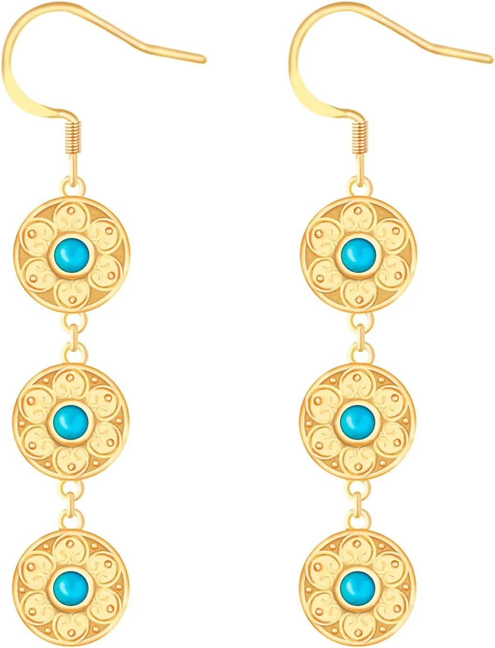 Bohemian Floral Filigree Gold Plated Turquoise Long Tassel Drop Dangle Earrings, 925 Sterling Silver Durable Hook Earrings, Retro Jewelry Gift for Women
