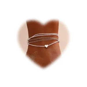 Bohemian Layered Heart Anklet Silver Love Heart Ankle Bracelet Woven Rope Anklets Chain Bracelet Adjustable Beach Anklets Summer Beach Foot Chain Jewelry for Girls Gifts