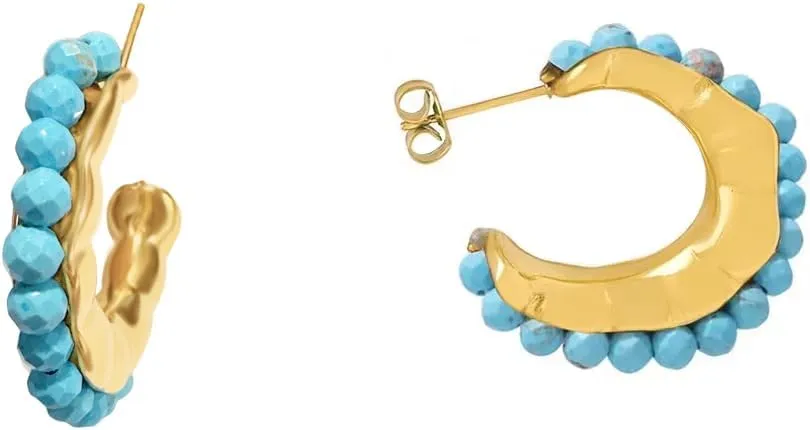 Bohemian Turquoise C-Shaped Hoop Earrings for Women Beaded Stone Western Statement Half Huggie Earrings Vintage Geometric Gold Plated Stainless Steel Ethnic Gift Hypoallergenic Jewelry