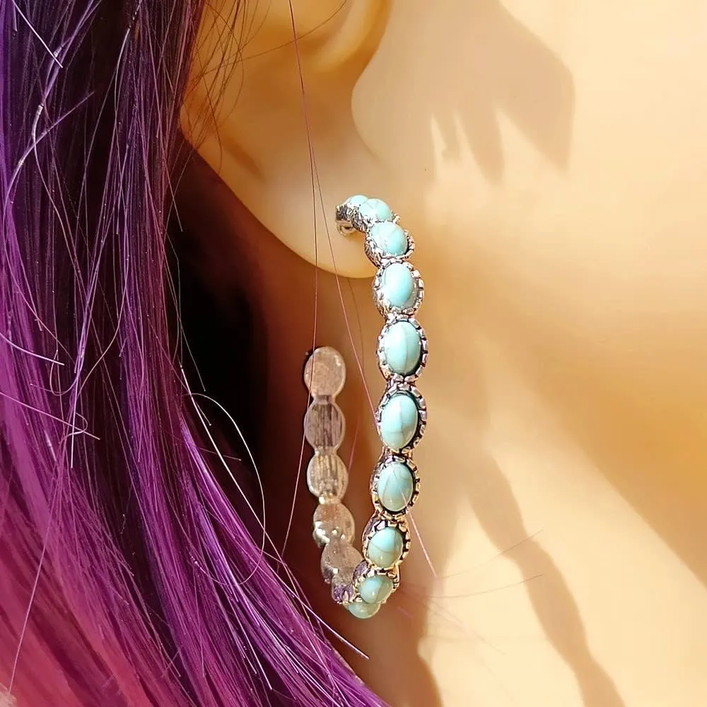 Bohemian Turquoise Geometric C Shape Drop Dangle Earrings Ethnic Hoop Colorful for Women Statement Western Cowgirl Tribal Boho Jewelry