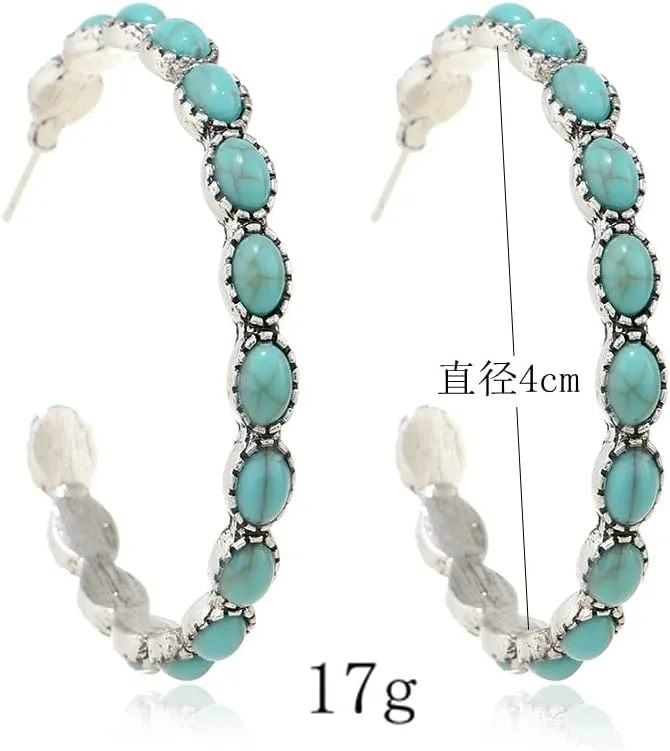 Bohemian Turquoise Geometric C Shape Drop Dangle Earrings Ethnic Hoop Colorful for Women Statement Western Cowgirl Tribal Boho Jewelry