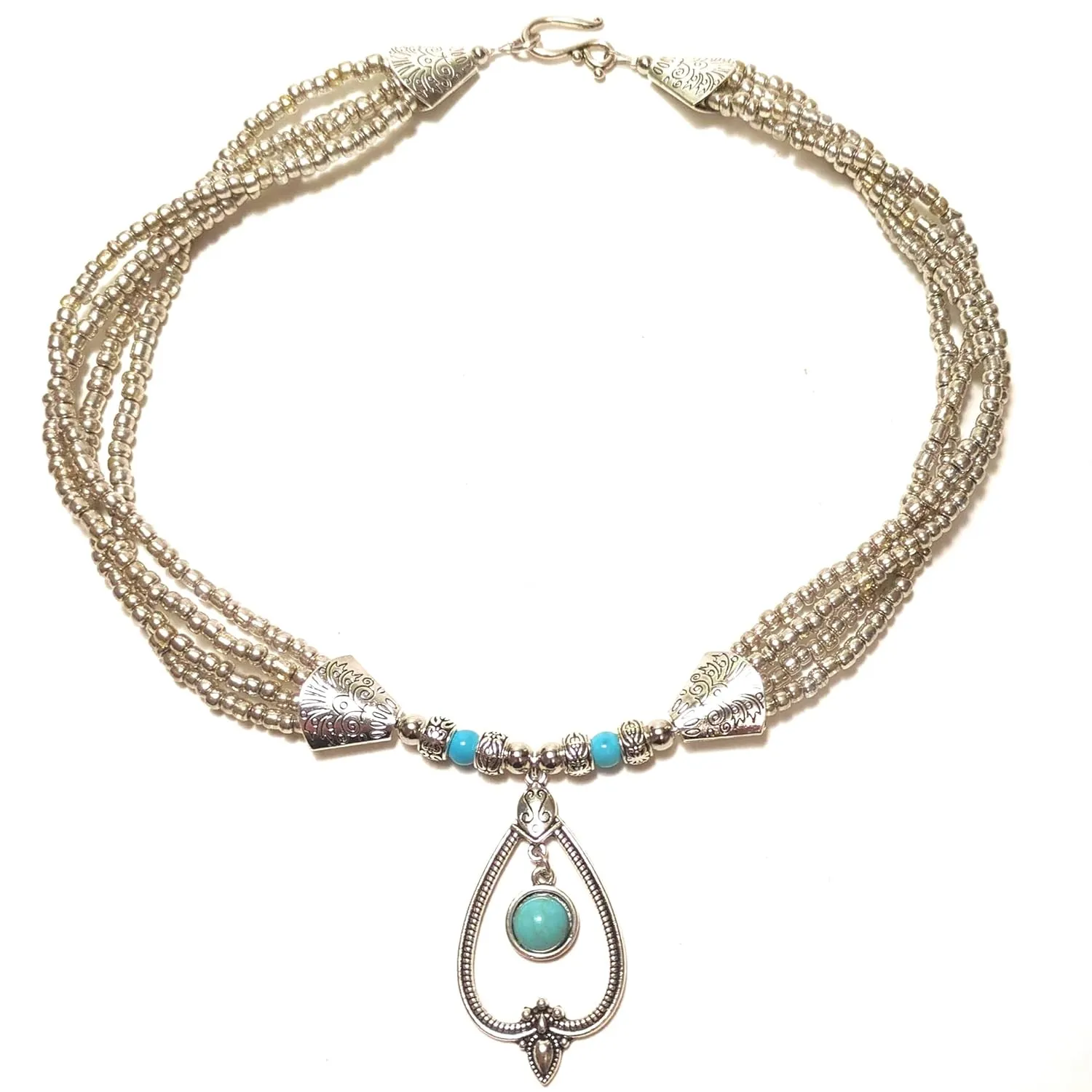 Bohemian Turquoise Statement Pendant Layered Glass Bead Necklace 20 Inch