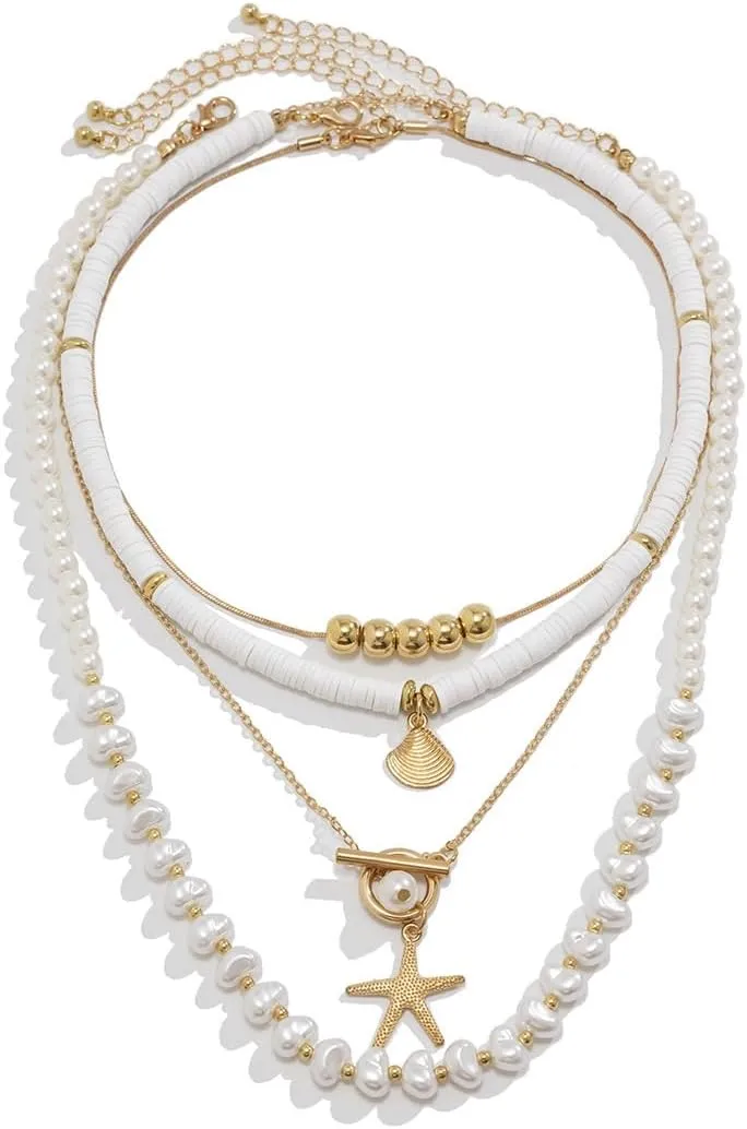 Boho Beach Charm Necklace for Women Seashell Layered Gold Charm Summer Chain Jewelry