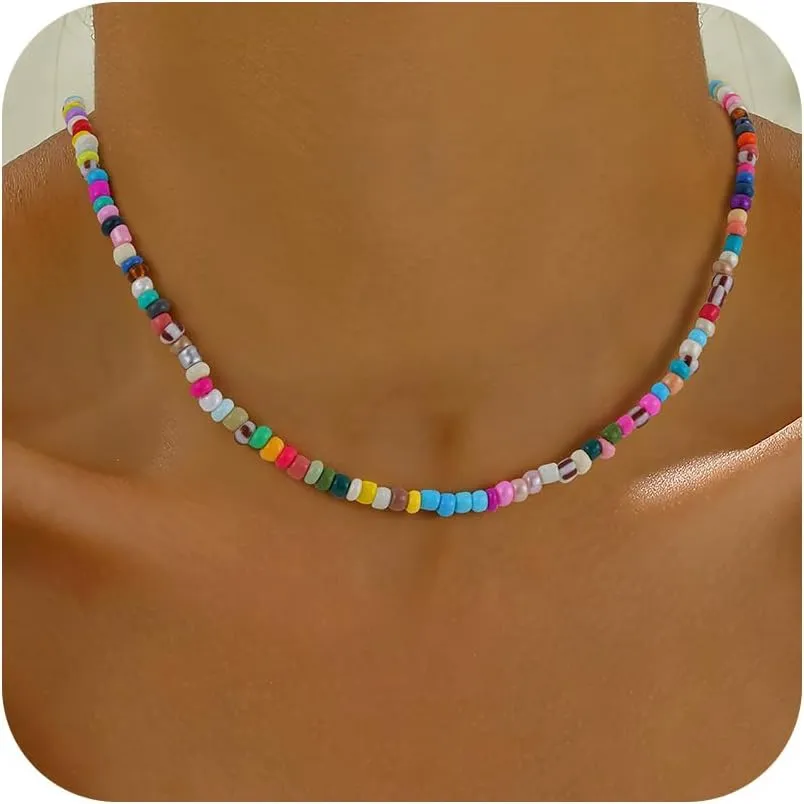 Boho Bead Natural Stone Necklace for Women - Boho Colorful Bead Choker Necklace Heart Pearl Star Necklaces Waterproof Jewelry Summer Beach Choker Necklaces for Women Girls Gifts
