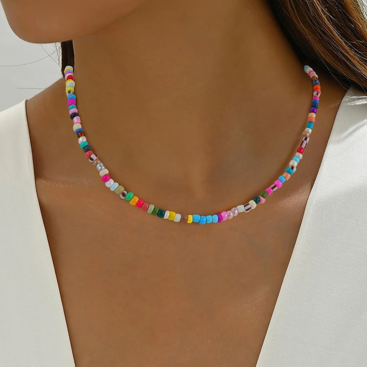 Boho Bead Natural Stone Necklace for Women - Boho Colorful Bead Choker Necklace Heart Pearl Star Necklaces Waterproof Jewelry Summer Beach Choker Necklaces for Women Girls Gifts
