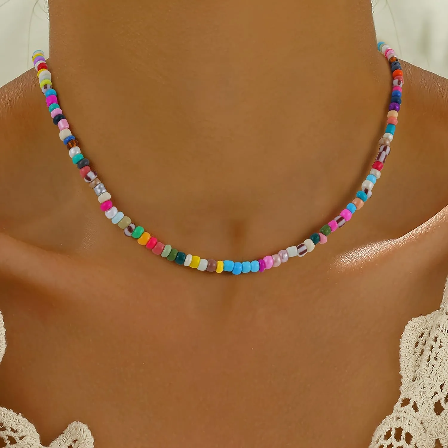 Boho Bead Natural Stone Necklace for Women - Boho Colorful Bead Choker Necklace Heart Pearl Star Necklaces Waterproof Jewelry Summer Beach Choker Necklaces for Women Girls Gifts