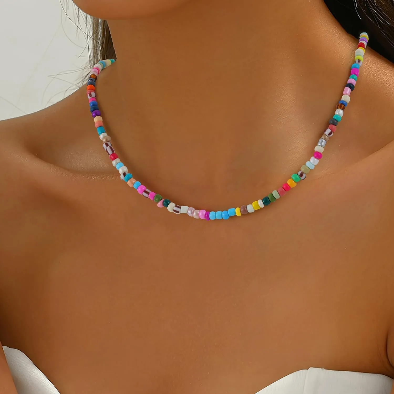 Boho Bead Natural Stone Necklace for Women - Boho Colorful Bead Choker Necklace Heart Pearl Star Necklaces Waterproof Jewelry Summer Beach Choker Necklaces for Women Girls Gifts