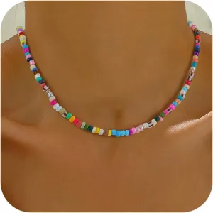 Boho Bead Natural Stone Necklace for Women - Boho Colorful Bead Choker Necklace Heart Pearl Star Necklaces Waterproof Jewelry Summer Beach Choker Necklaces for Women Girls Gifts