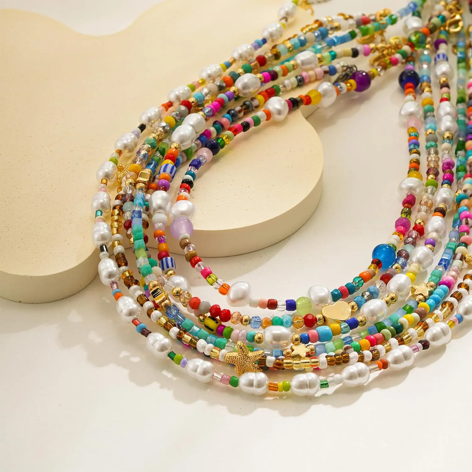Boho Bead Natural Stone Necklace for Women - Boho Colorful Bead Choker Necklace Heart Pearl Star Necklaces Waterproof Jewelry Summer Beach Choker Necklaces for Women Girls Gifts