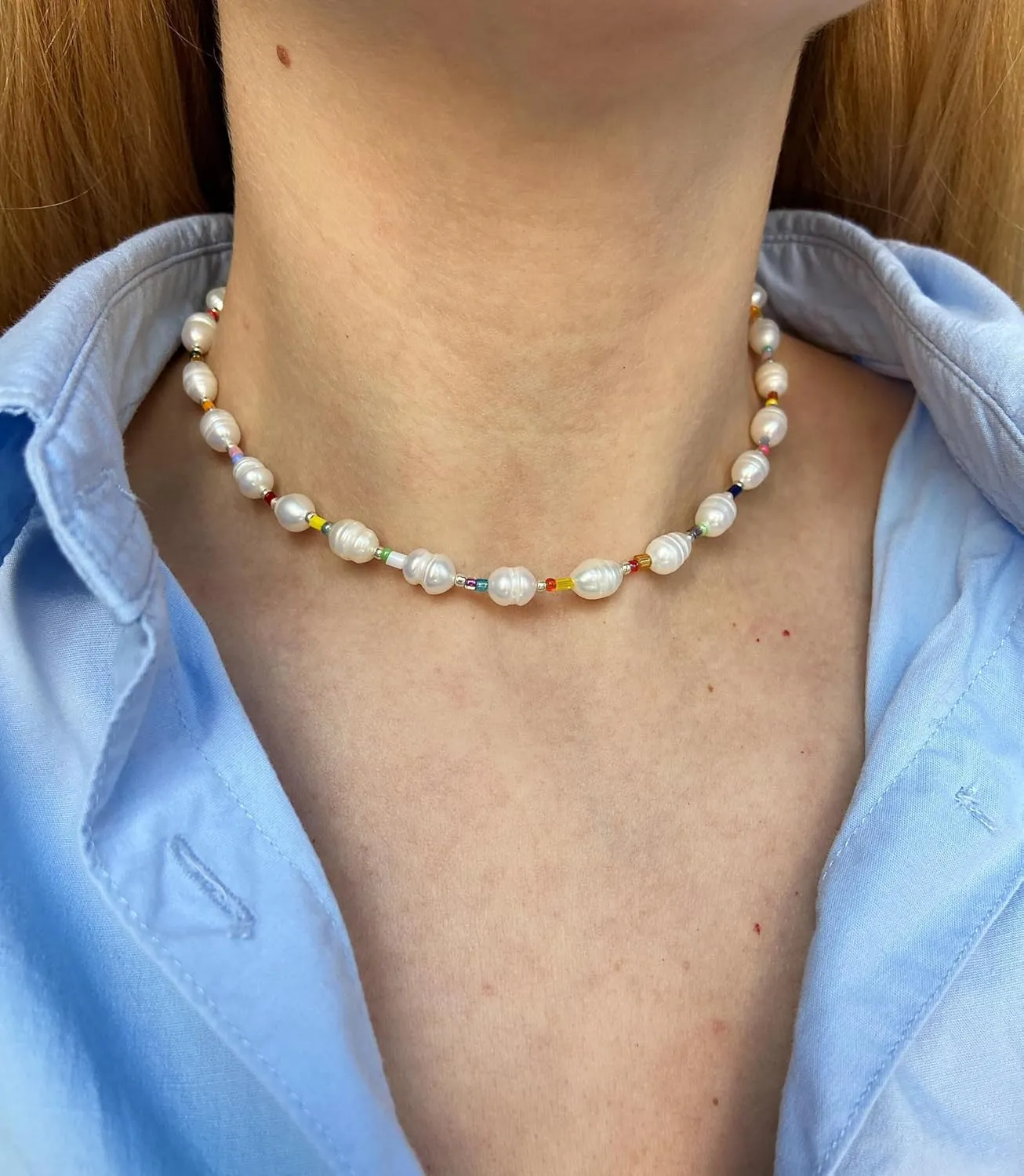Boho Beaded Necklace for Women - Natural Turquoise Beaded Necklaces Choker Summer Beach Necklace Natural Cloroful Bead Necklaces for Teen Girls Handmade Boho Jewelry Birthday Gift