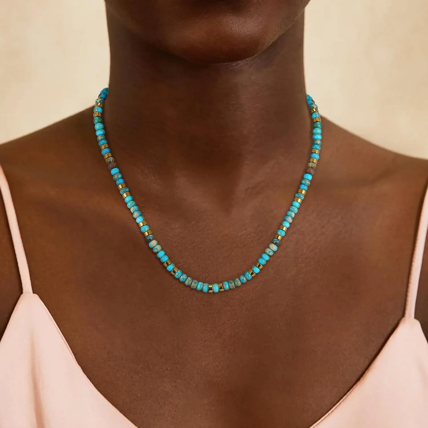 Boho Beaded Necklace for Women - Natural Turquoise Beaded Necklaces Choker Summer Beach Necklace Natural Cloroful Bead Necklaces for Teen Girls Handmade Boho Jewelry Birthday Gift