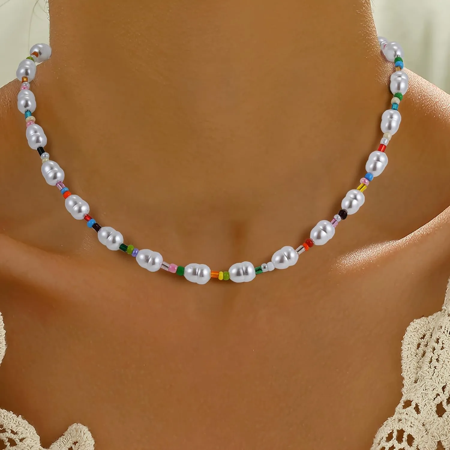 Boho Beaded Necklace for Women - Natural Turquoise Beaded Necklaces Choker Summer Beach Necklace Natural Cloroful Bead Necklaces for Teen Girls Handmade Boho Jewelry Birthday Gift
