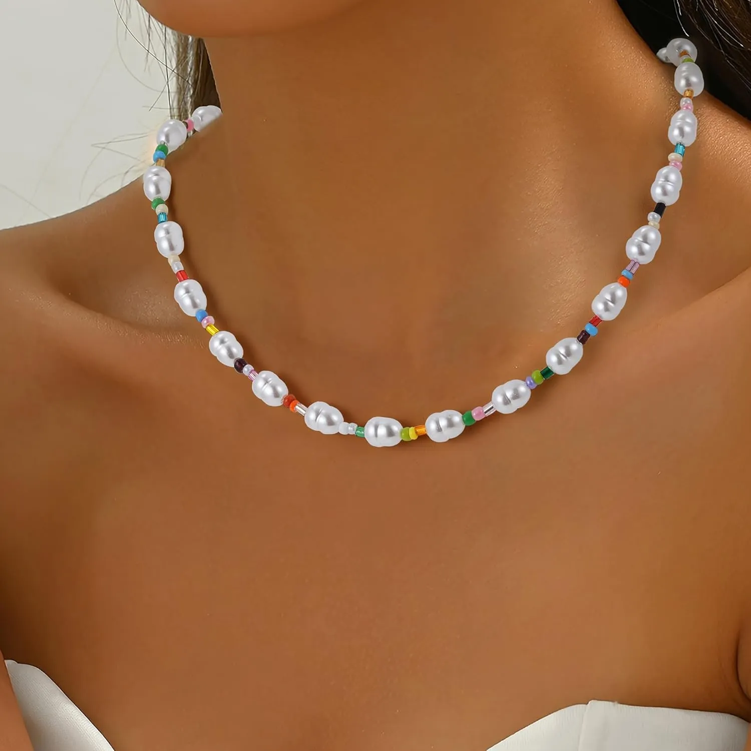 Boho Beaded Necklace for Women - Natural Turquoise Beaded Necklaces Choker Summer Beach Necklace Natural Cloroful Bead Necklaces for Teen Girls Handmade Boho Jewelry Birthday Gift