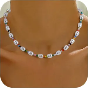 Boho Beaded Necklace for Women - Natural Turquoise Beaded Necklaces Choker Summer Beach Necklace Natural Cloroful Bead Necklaces for Teen Girls Handmade Boho Jewelry Birthday Gift