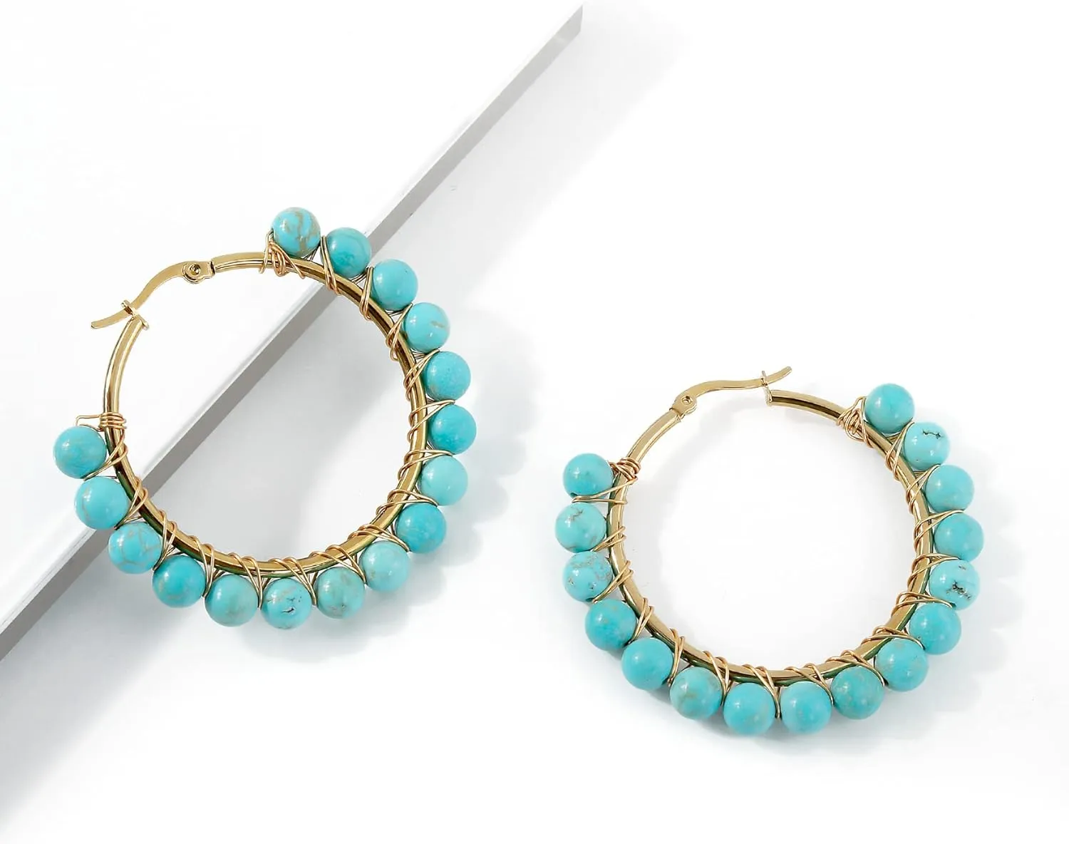 Boho Ethnic Turquoise Beaded Hoop Earrings Western Natural Stone Stainless Steel for Women Cowgirl Tribal Bohemian Beach Jewelry