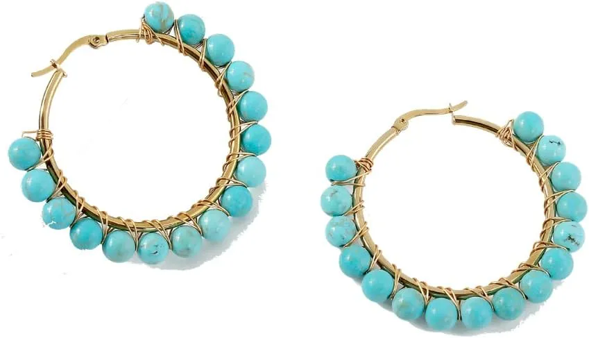 Boho Ethnic Turquoise Beaded Hoop Earrings Western Natural Stone Stainless Steel for Women Cowgirl Tribal Bohemian Beach Jewelry