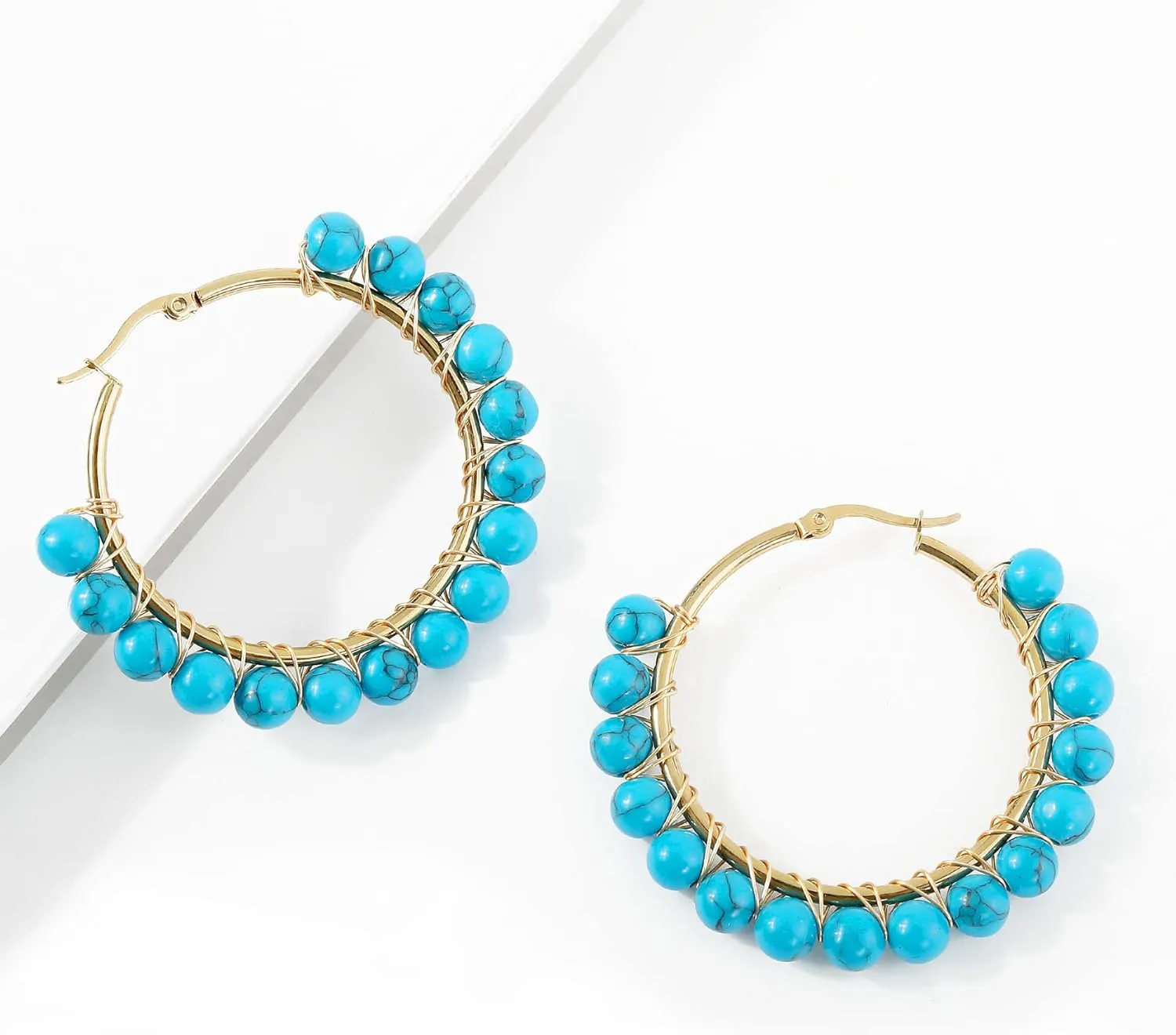 Boho Ethnic Turquoise Beaded Hoop Earrings Western Natural Stone Stainless Steel for Women Cowgirl Tribal Bohemian Beach Jewelry