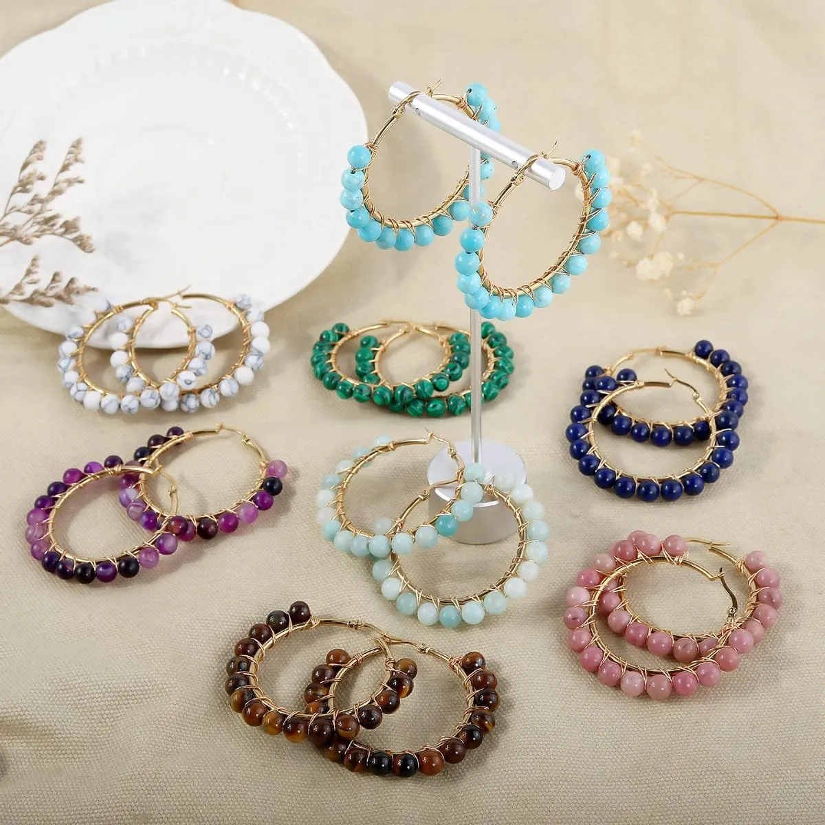 Boho Ethnic Turquoise Beaded Hoop Earrings Western Natural Stone Stainless Steel for Women Cowgirl Tribal Bohemian Beach Jewelry
