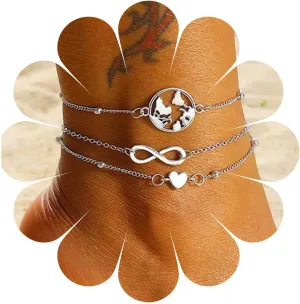 Boho Layered Map Anklet Silver Infinity Heart Ankle Bracelet Multi Layering Anklet Chain Bracelet Summer Foot Chain Jewelry for Women