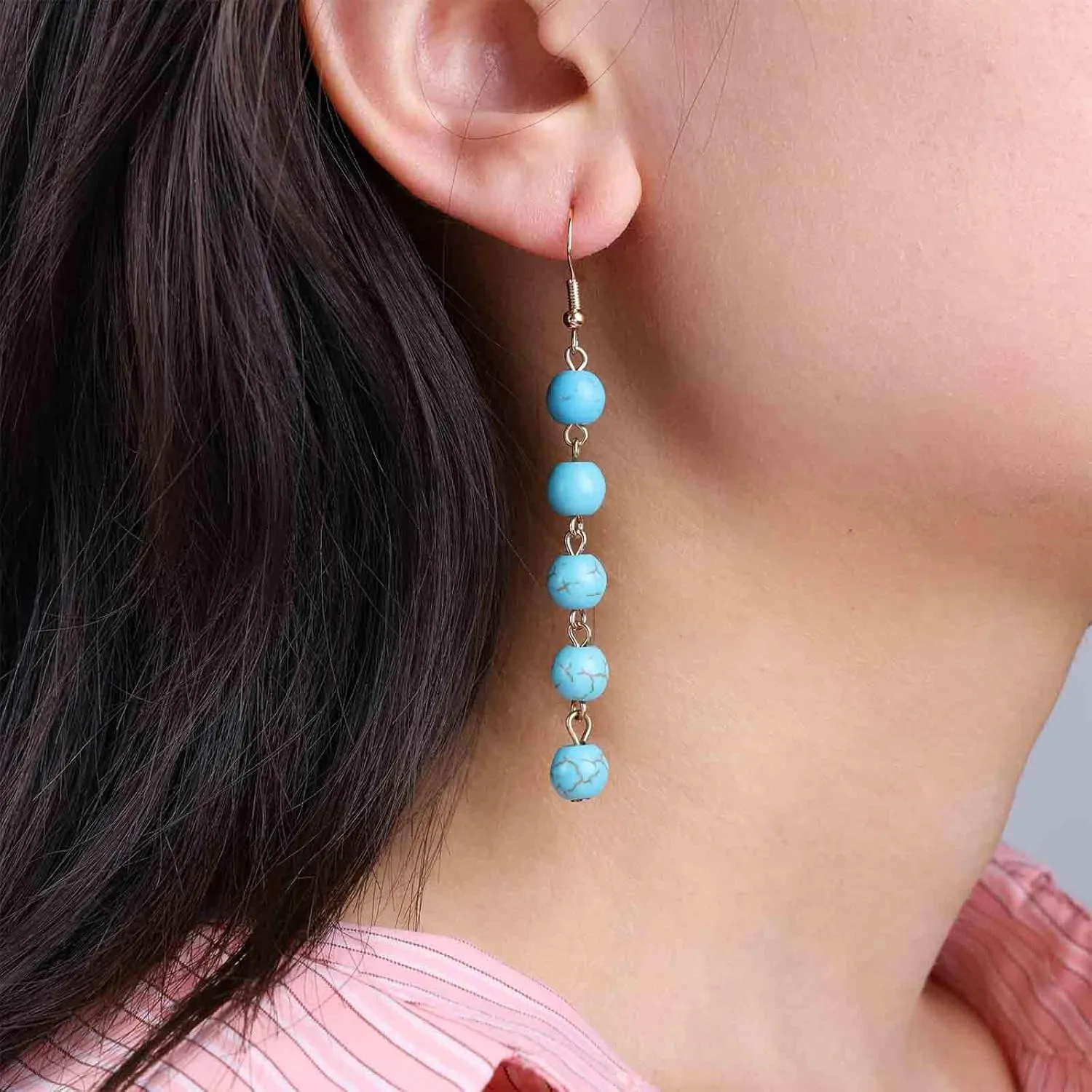 Boho Long Turquoise Dangle Earrings Turquoise Bead Drop Earrings Gold Turquoise Ball Earrings Ethnic Turquoise Earrings Jewelry for Women