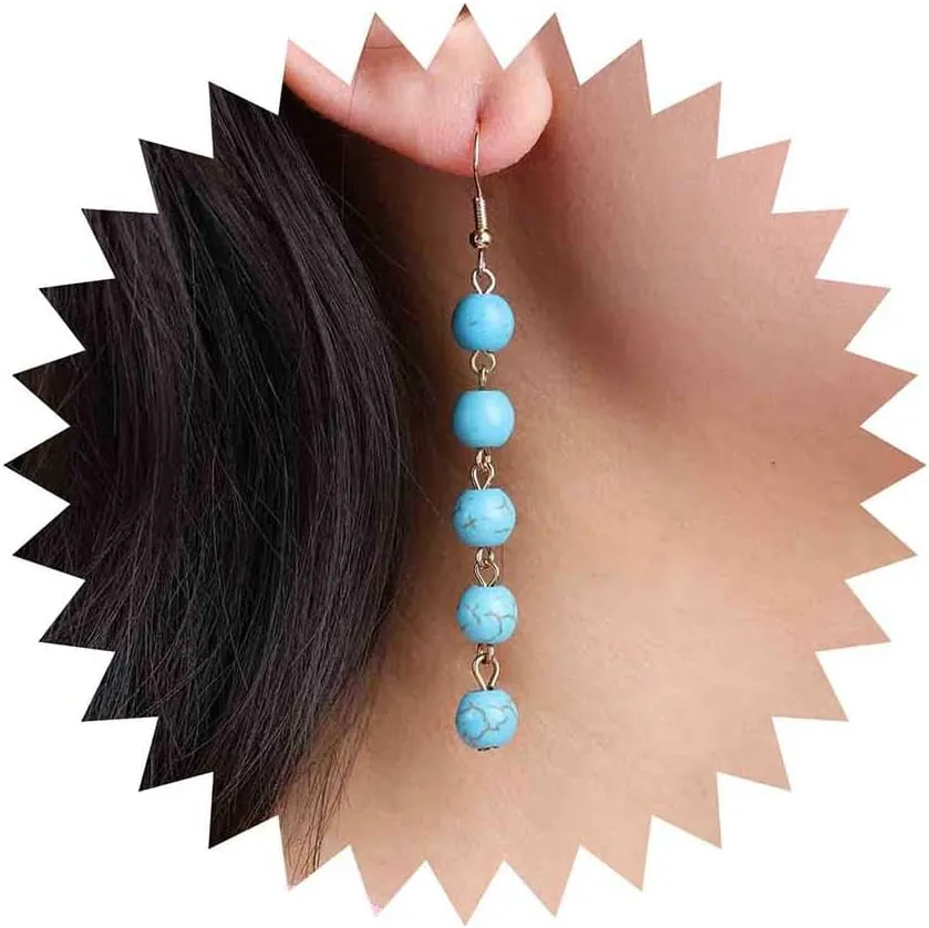 Boho Long Turquoise Dangle Earrings Turquoise Bead Drop Earrings Gold Turquoise Ball Earrings Ethnic Turquoise Earrings Jewelry for Women