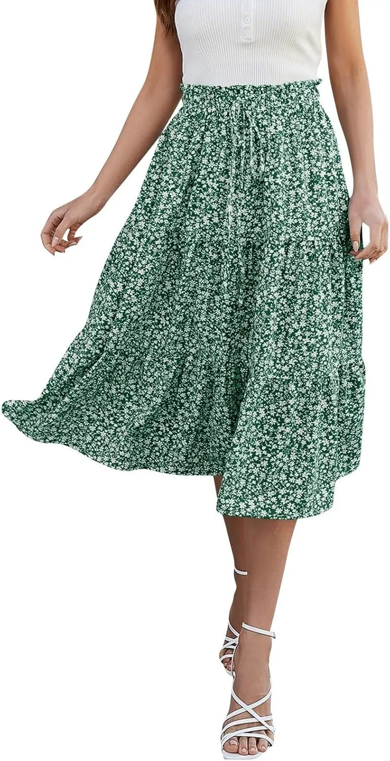 Boho Skirts for Women Drawstring Elastic High Waisted Summer Midi Skirt Work A Line Tiered Pleated Skirts Knee Length