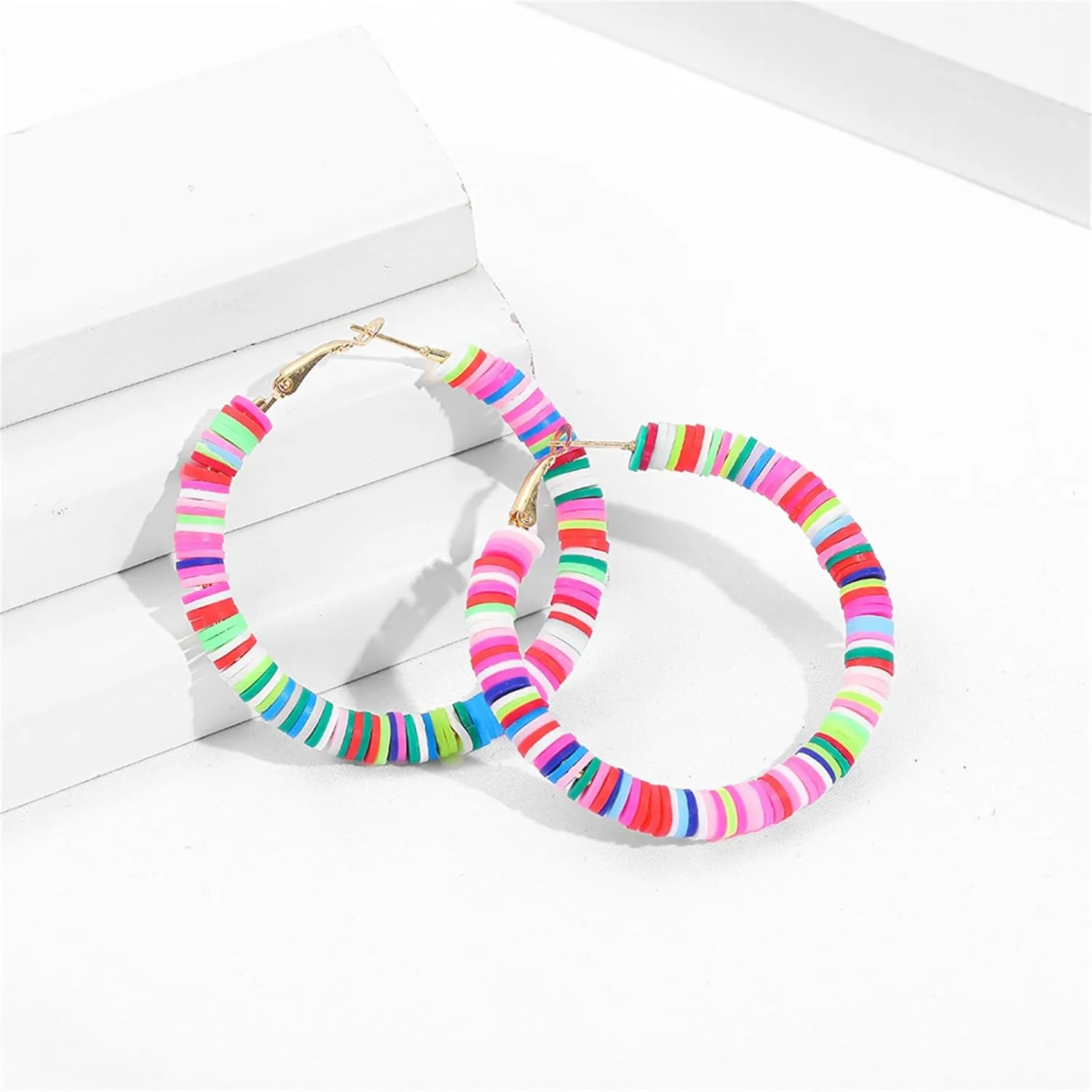 Boho Surfer Heishi Beaded Hoop Earrings Handmade Rainbow Colorful Polymer Clay Large African Vinyl Disc Round Circle Beads Lightweight Dangle Drop Earrings for Women Bohemian Summer Beach Holiday Jewelry