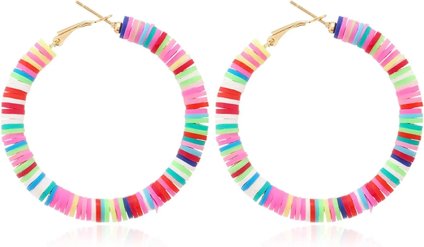 Boho Surfer Heishi Beaded Hoop Earrings Handmade Rainbow Colorful Polymer Clay Large African Vinyl Disc Round Circle Beads Lightweight Dangle Drop Earrings for Women Bohemian Summer Beach Holiday Jewelry