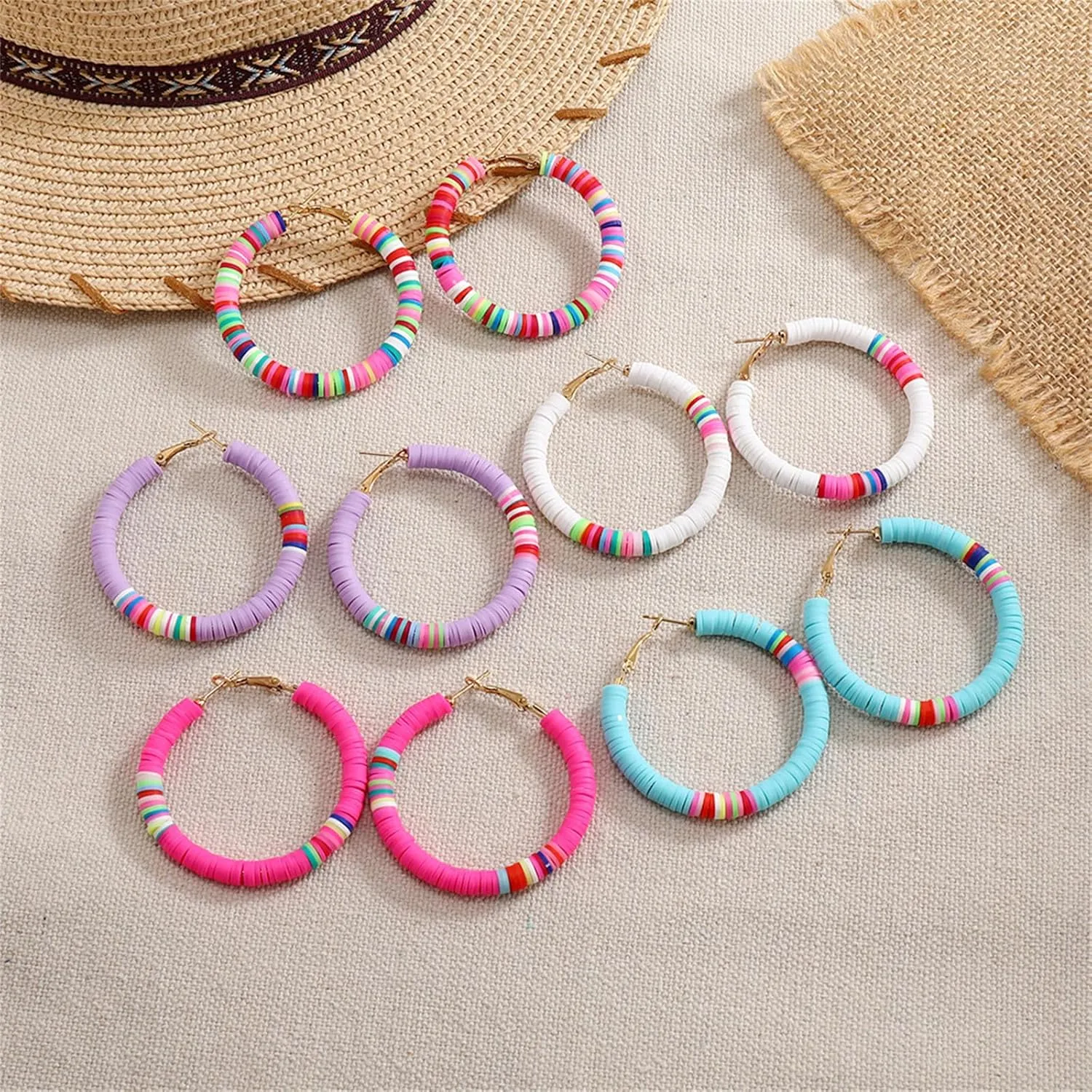 Boho Surfer Heishi Beaded Hoop Earrings Handmade Rainbow Colorful Polymer Clay Large African Vinyl Disc Round Circle Beads Lightweight Dangle Drop Earrings for Women Bohemian Summer Beach Holiday Jewelry