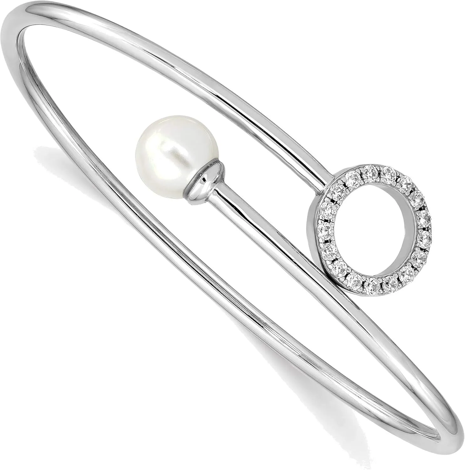 Bonyak Jewelry Sterling Silver Rh-pl Imitation Shell Pearl & CZ Flexible Bangle Delicate