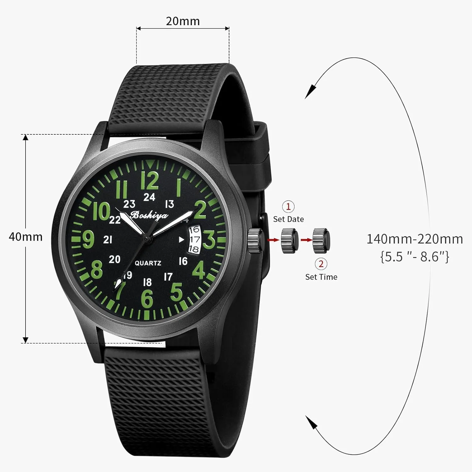 BOSHIYA Mens Watches Unisex Military Sports Watches for Men Analog Quartz Luminous Mens Watch Waterproof Army Tactical Casual Wristwatch
