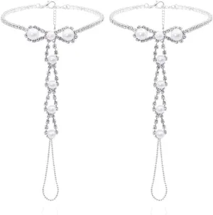 Bowknot Pearl Barefoot Sandals for Women Crystal Dainty Fashion Boho Sparkling Ankle Bracelet Rhinestones Silver Foot Chain With Toe Ring Bohemian Anklet Summer Beach Wedding Bridal Party Jewelry Gifts 1pair