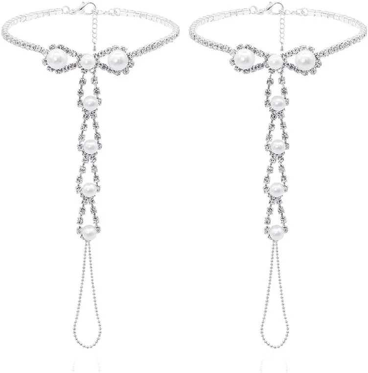 Bowknot Pearl Barefoot Sandals for Women Crystal Dainty Fashion Boho Sparkling Ankle Bracelet Rhinestones Silver Foot Chain With Toe Ring Bohemian Anklet Summer Beach Wedding Bridal Party Jewelry Gifts 1pair
