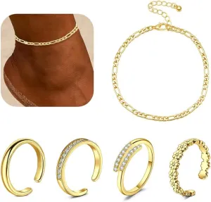 Briana Williams Toe Rings for Women Gold Silver Toe Ring Non Tarnish Ankle Bracelets for Women Waterproof Anklet & Toe Ring Set Trendy Summer Beach Foot Jewelry