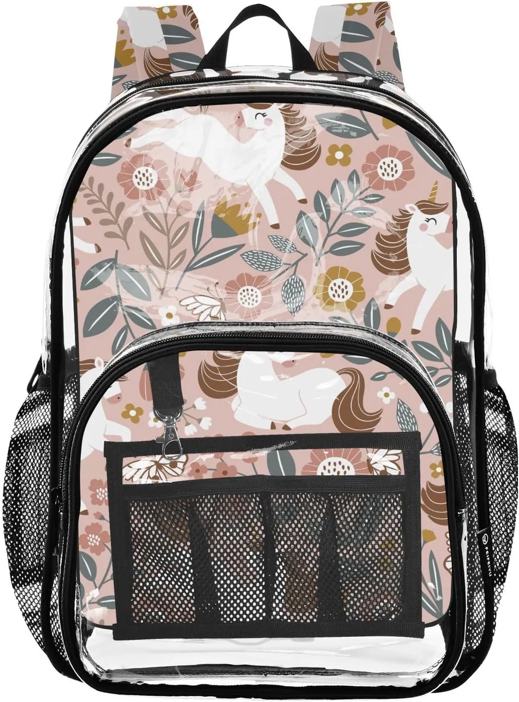 Brown Unicorn Leaves Clear Backpack Transparent Bookbag for Girls Boys Kids Bag PVC Waterproof Bag See Through Backpack for School Stadium Travel Large Capacity