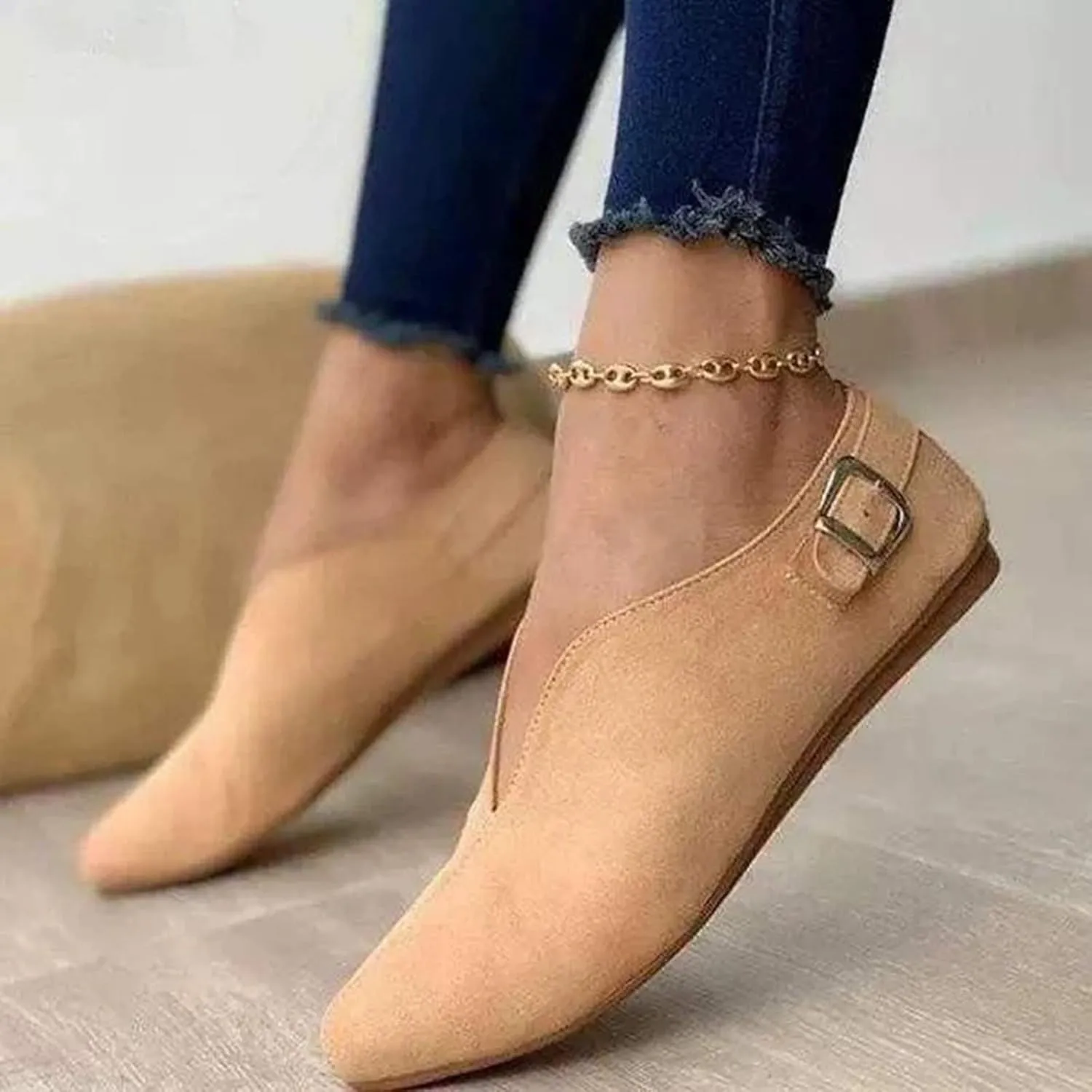 Buckle Pointed Flock Shoes Loafers Strap Toe Women's Summer Casual Women's Casual Shoes Casual Soccer Shoes